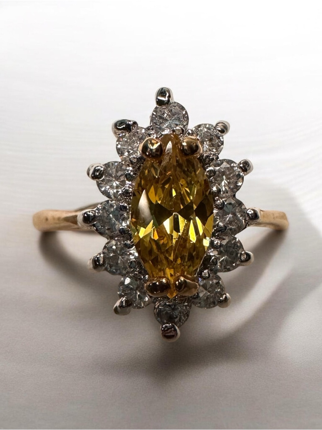 Yellow Marquise Halo Ring With White Cubic Zirconias